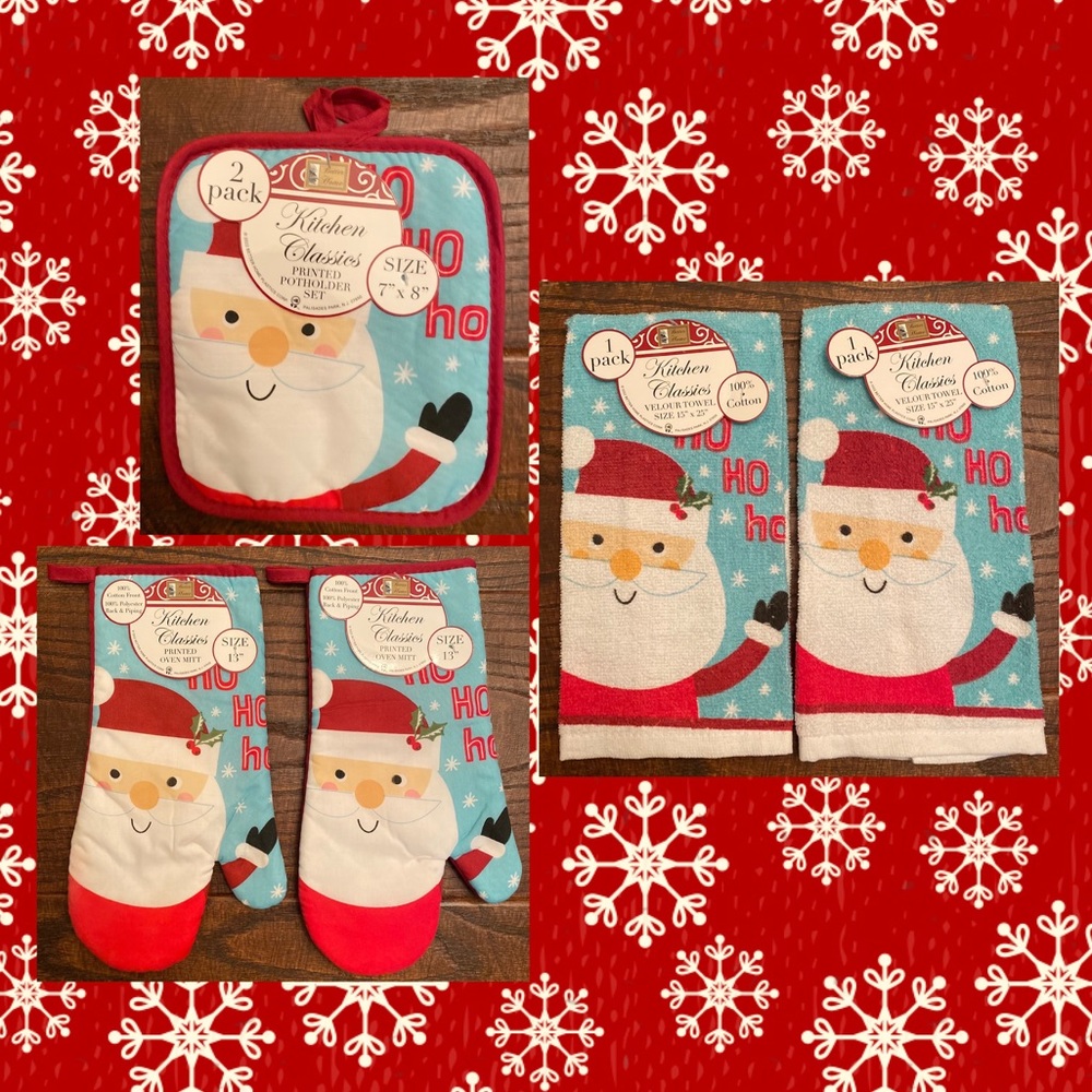 Santa Claus Kitchen Towels, Santa Claus Pot Holders & Santa Claus Oven Mitts Set